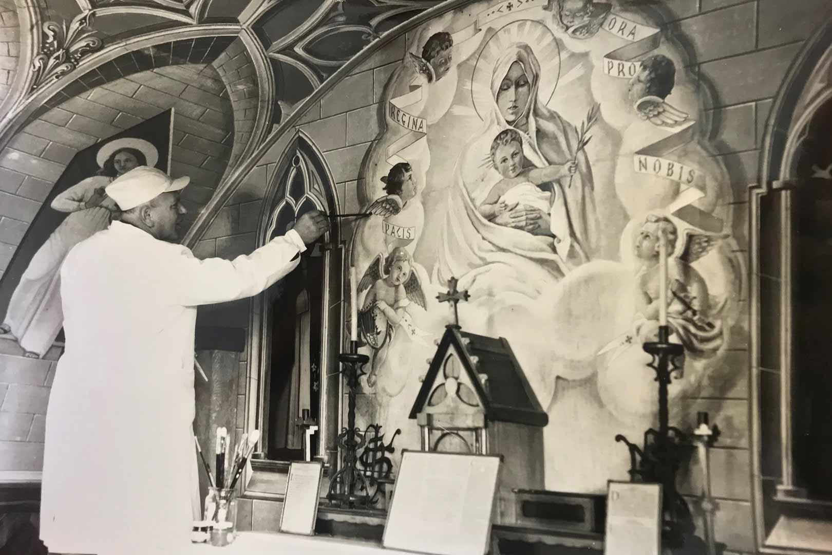 Domenico Chiocchetti restores the Madonna and Child upon his first return to Lamb Holm in 1960.
