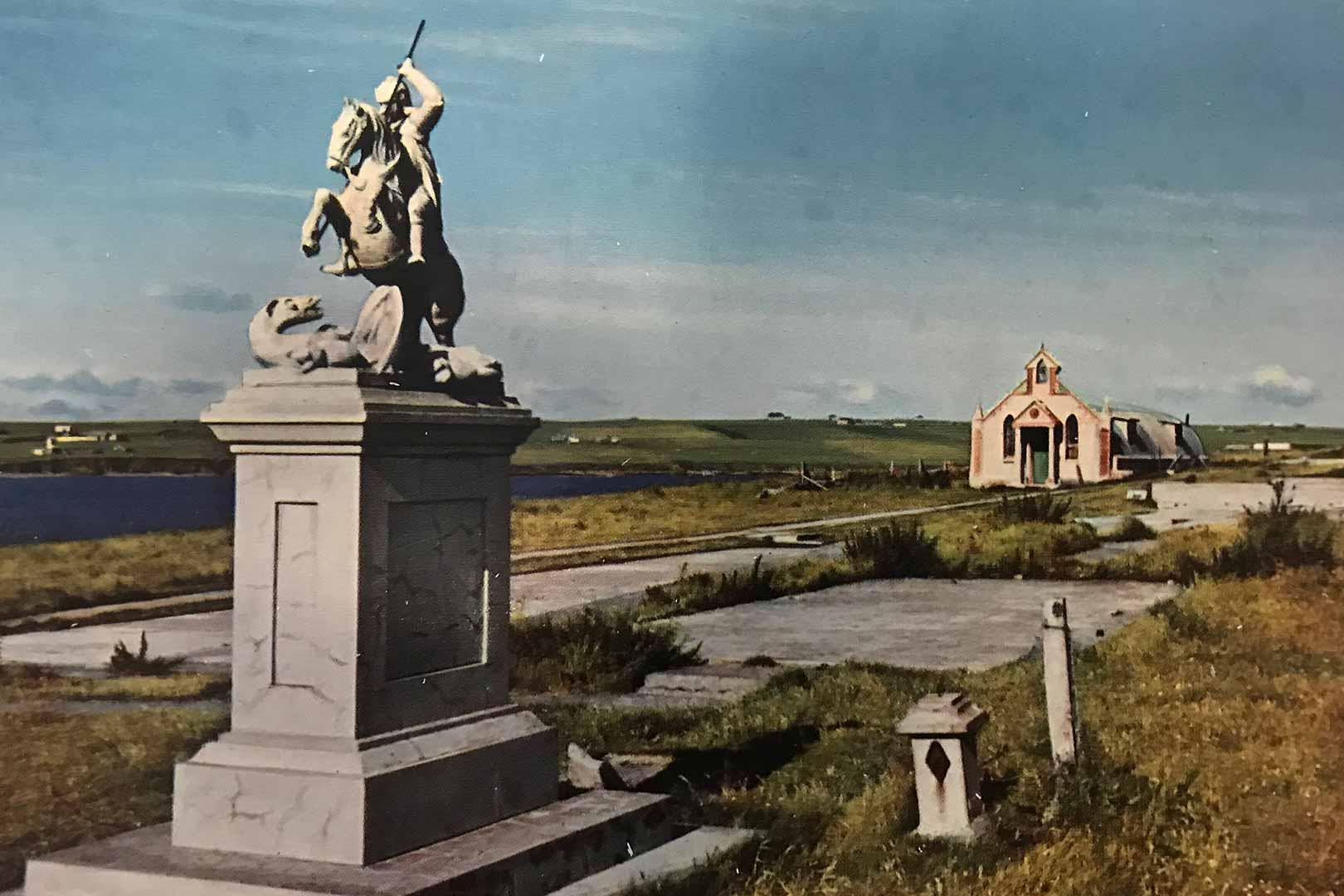 Postcard of the Italian Chapel and statue of St. George on horseback.