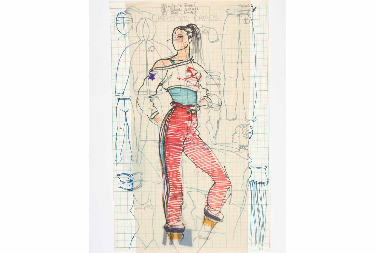 Christine Damos dressing sheet and measurements with color rendering, 1977.