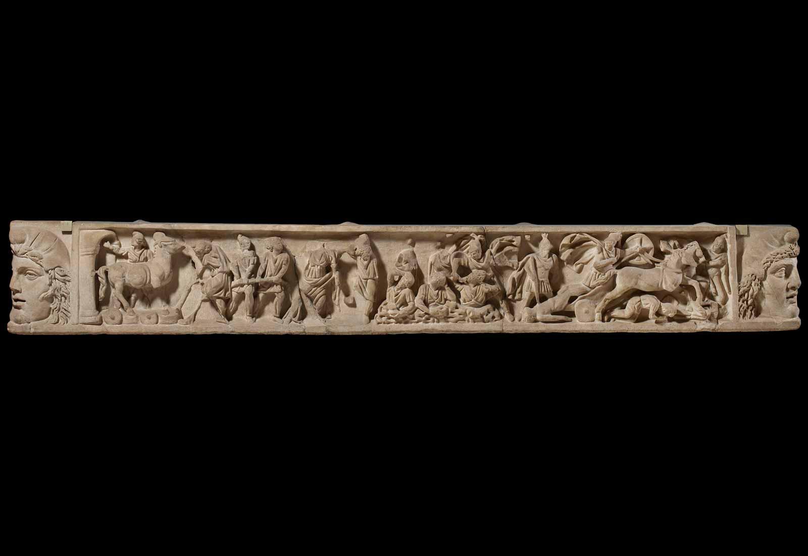 Roman sarcophagus lid, late 2nd century AD, marble, including detail of the Trojan horse.