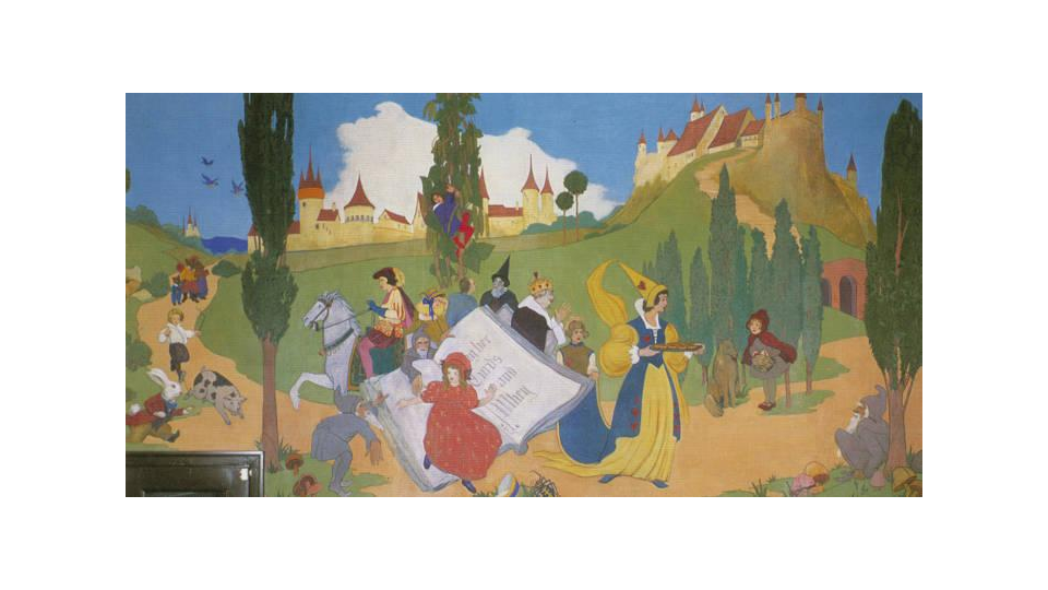 27 x 9 foot mural of Children’s Storybook Characters (1937) by Alabama artist Carrie Hill