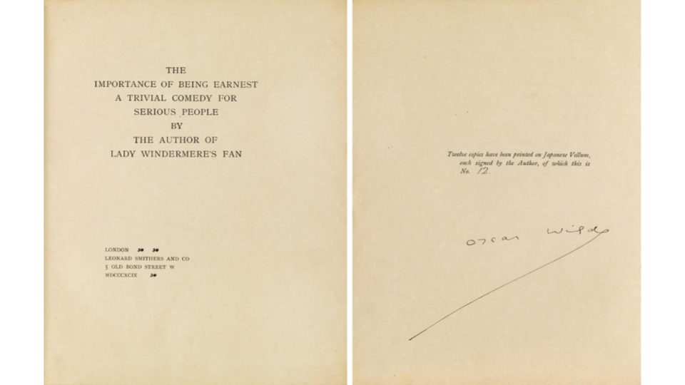Oscar Wilde, The Importance of Being Earnest, A Trivial Comedy for Serious People, extra-limited first edition, signed, London, 1899.