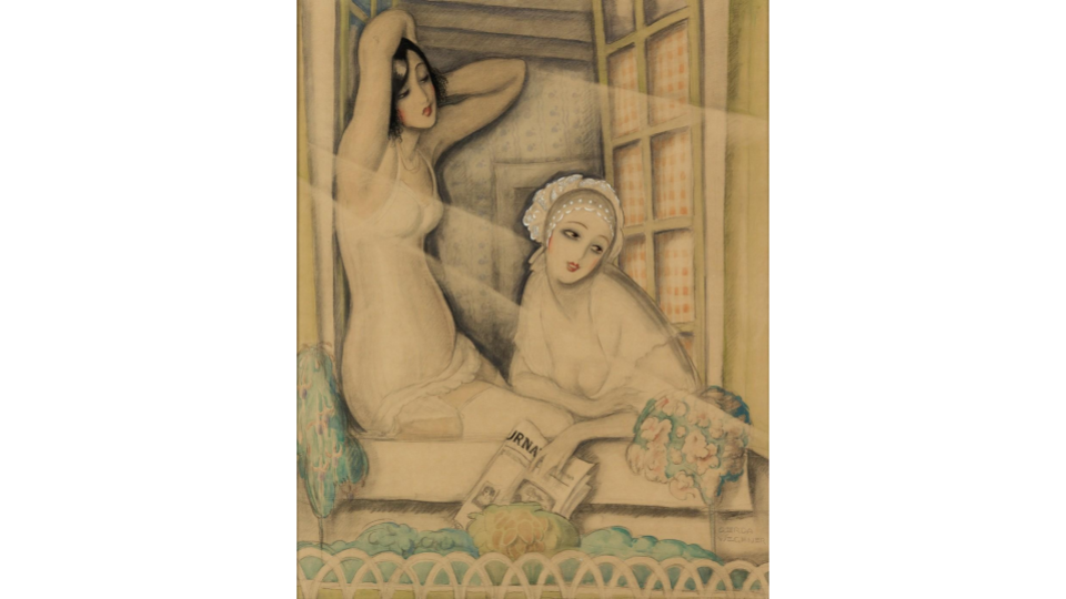 Gerda Wegener, Two Women in a Window, watercolor, crayon, charcoal &amp; wash, circa 1920.