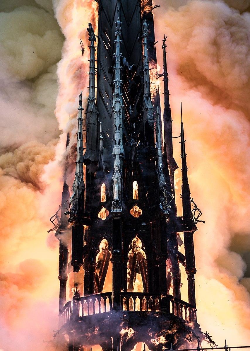View of Notre Dame's spire taken from the Saint Louis bridge during the April 15, 2019 fire.