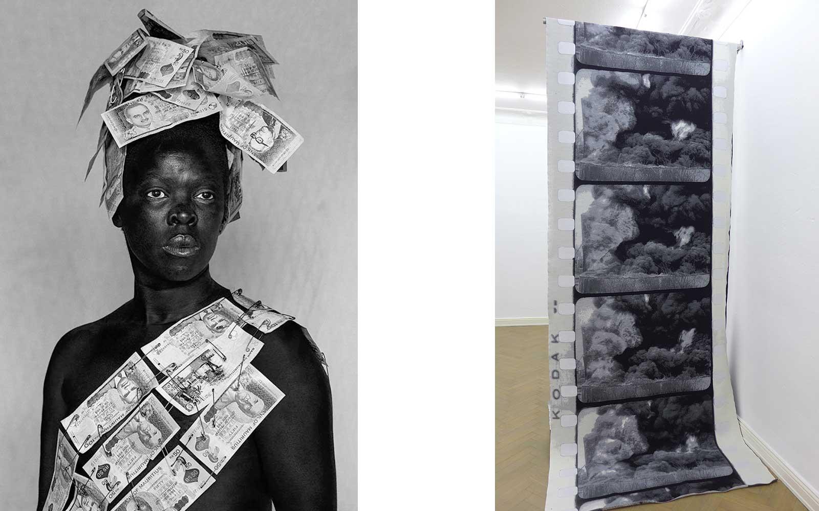 Left: Zanele Muholi, Kusile 111, 2002 Cartwright, Cape Town, 2019.  Right: Alexandra Navratil, All That Slides, Strikes, Rises and Falls, 2015.