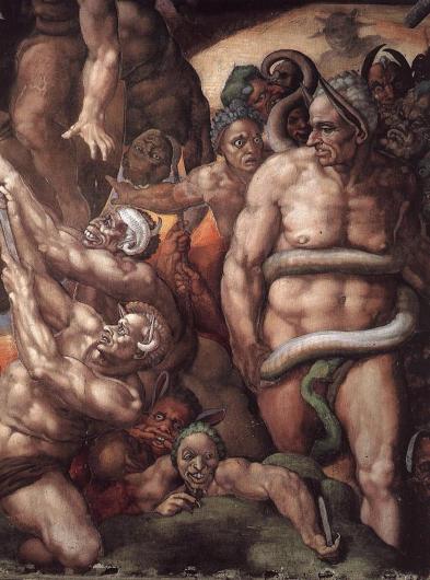 A detail of the last judgement featuring a crowd of the damned and the figure meant to be Biagio da Cesena, the papal master of ceremonies, rendered nude and with donkey ears. 